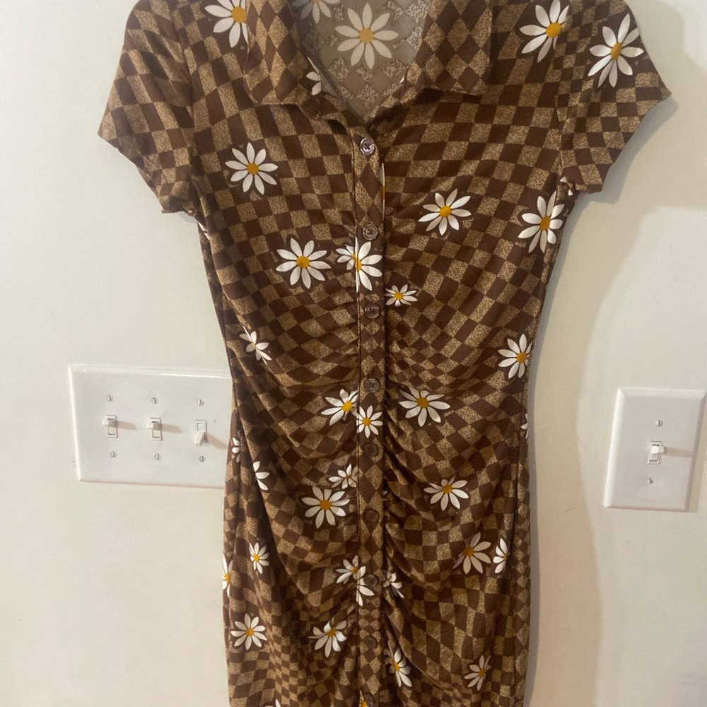 No Boundaries Brown Checkered Floral Daisy Dress Size XS